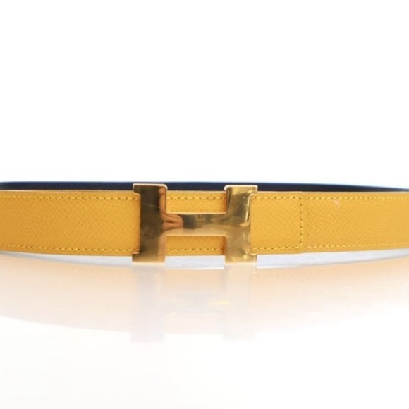 Authentic HERMÈS Jaune/Navy D'or Epsom Constance Reversible H Belt -Size 70 - Picture 1 of 7
